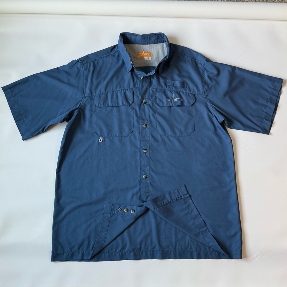 Men’s Habit 30+ solar-factor Blue‎ Button Down Shirt Short Sleeve size LG